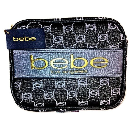 BEBE BLACK & GRAY GOLD MONOGRAM LEATHER CAMERA BAG CROSSBODY PURSE - NWT - Picture 1 of 12